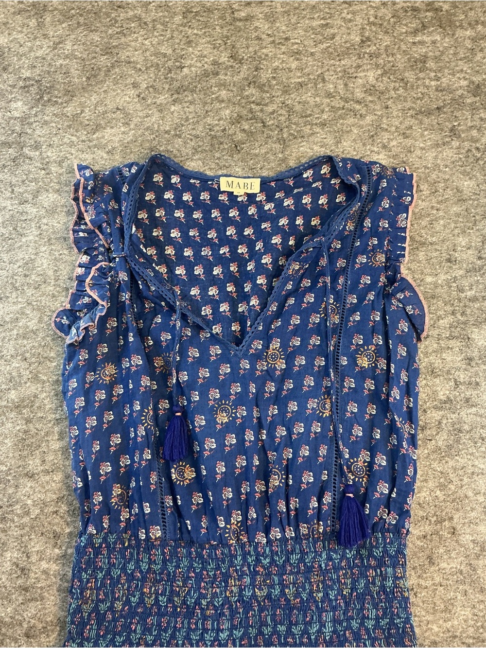 M.A.B.E Delfi Sunflower Blue Floral Tiered Smocked Waist Dress Size M - Picture 3 of 5